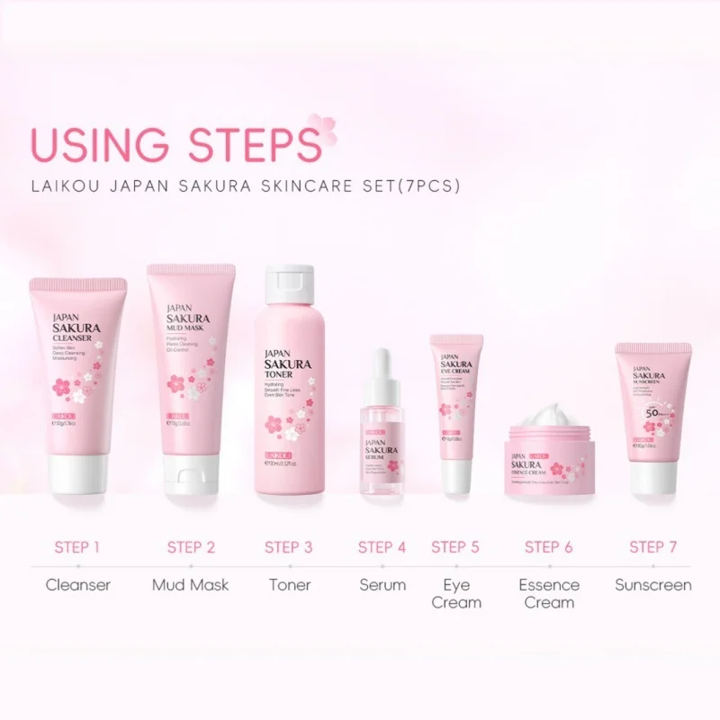 Korean Sakura Skincare Set Hydration Moisturize Cleanse Pores Sunscreen Protection Cosmetic Beauty