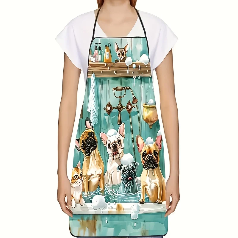 1pc Playful French Bulldog Bath Time Cartoon Design Apron - Durable Polyester Kitchen Restaurant Apron for Cooking, Baking, Home