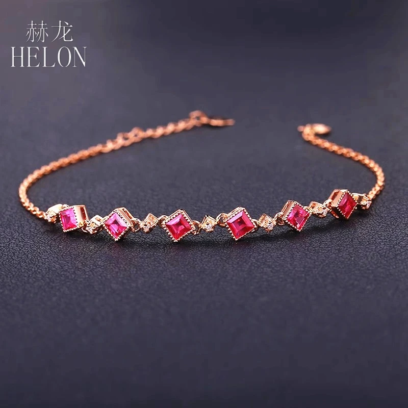 

HELON Women Jewelry Princess Shape 1.3ct Genuine Ruby Gemstone Bracelet Solid 18k Rose Gold Diamonds Engagement Chain Bracelet