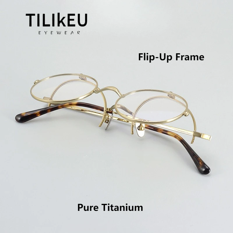 

180 ° Pure Titanium Flip Top Glasses Frame Men Retro Semi-Rimless Round Eyeglasses Flip Up Half Frame Eyewear Women Japan style