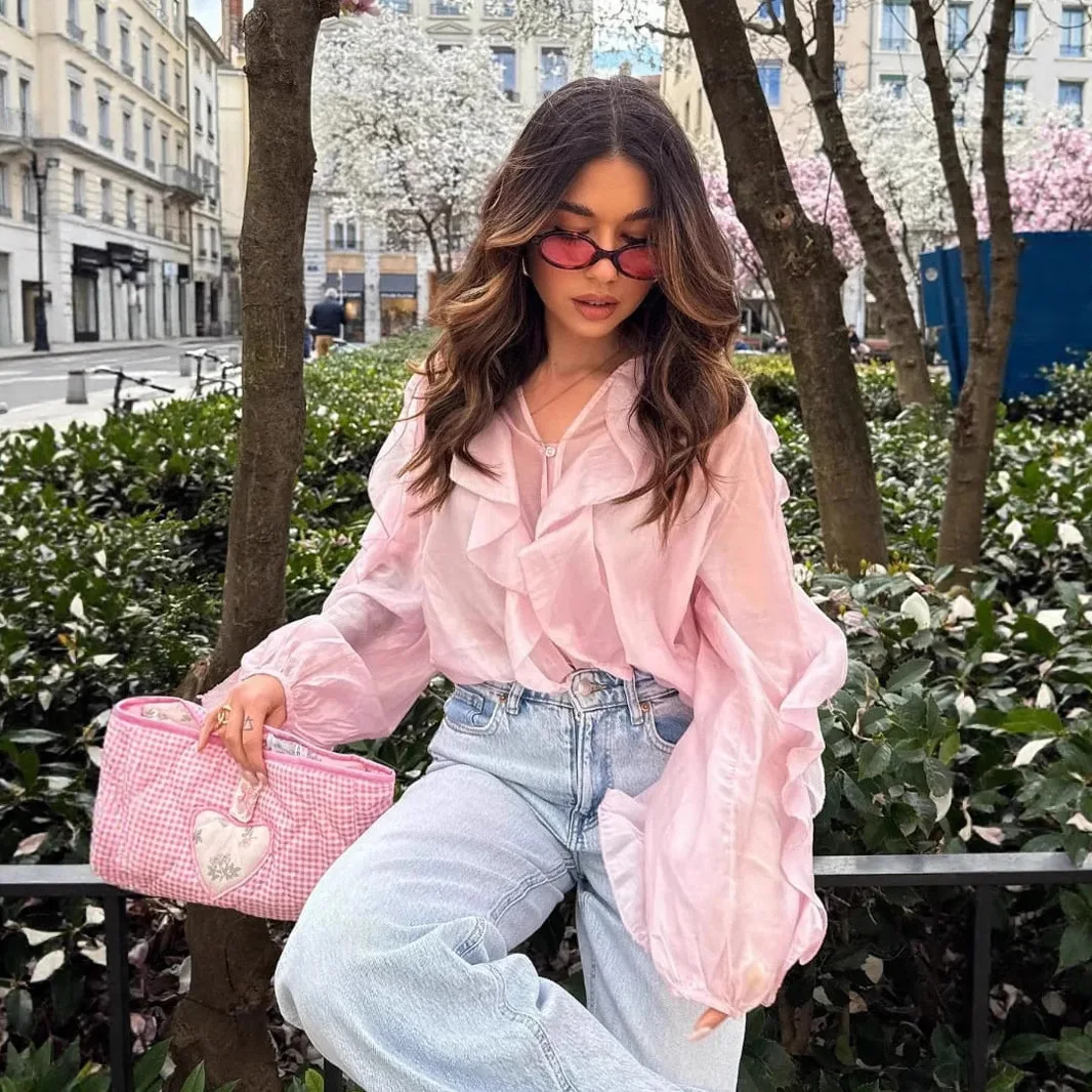 

French high-end design solid color temperament chiffon ruffle edge zipper top versatile and comfortable loose long sleeved shirt
