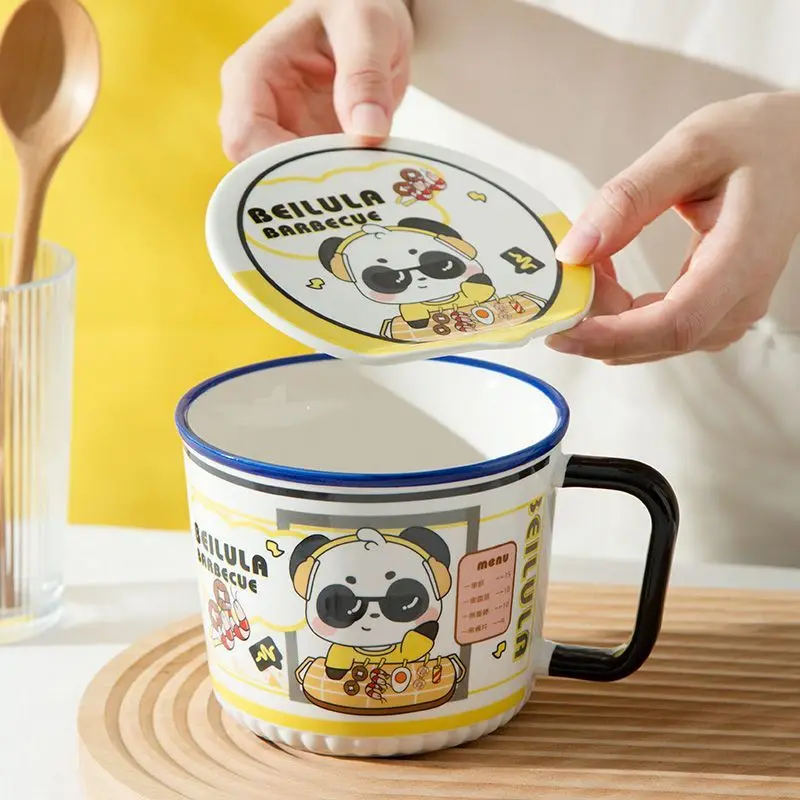 Panda Japanese Instant Noodle Bowl with Lid,Cute Cartoon Ceramic Dormitory Household Large Capacity Tableware