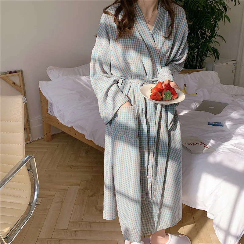 

Vintage Plaid Cotton Women'S Dress Casual Loose Long Sleeve Bandage Lace Up Female Dress Pajama Robe Homewear