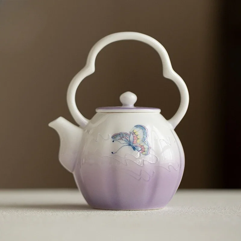 150ML Gradual Change Purple Hand-painted Butterfly Ceramic Beam Pot Ball Hole Filter Anti-scalding Hand Holding Pot Ruyi Tea Pot