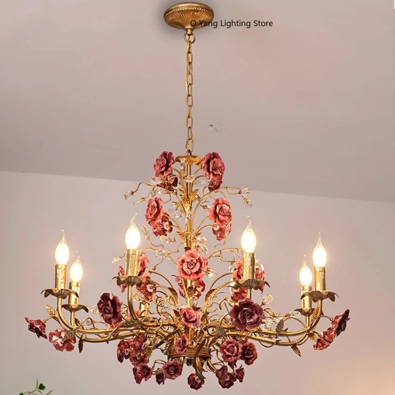 French Garden Ironwork Chandelier Lamps Vintage Ceramic Flower Red Rose Clothing Store Restaurant LED Candle Ktchen Lighting