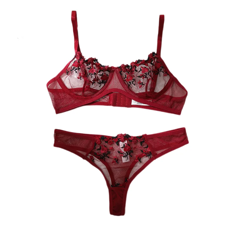 Lencería transparente de color rojo vino, florete bordado, dos piezas, Push Up, ropa interior ventilada, Tanga, conjunto de sujetador Sexy, disfraz erótico