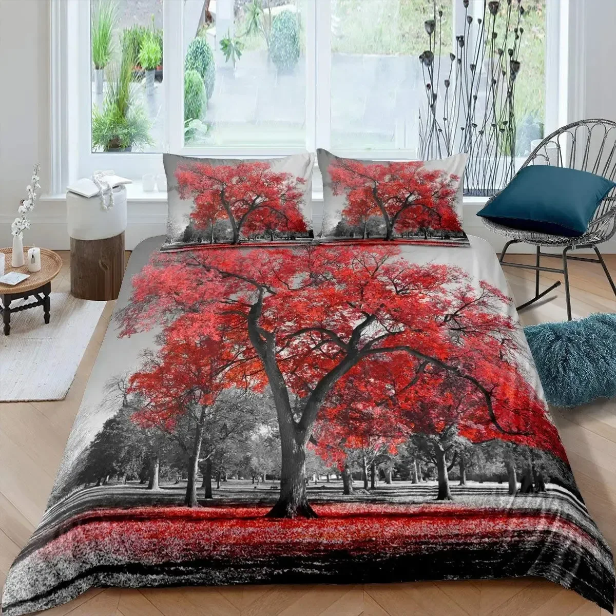 

Tree of Life Duvet Cover Set, Maple Tree Bedding Sets,Gothic Nature Branch Comforter Cover Red Tree Quilt Cover King Size