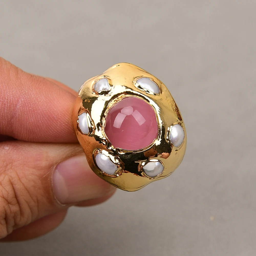 GG Natural Pink Cat Eye Stone Gold Edge Plated White Pearl Paved Rings Adjustable Gem Rings For Lady Gifts