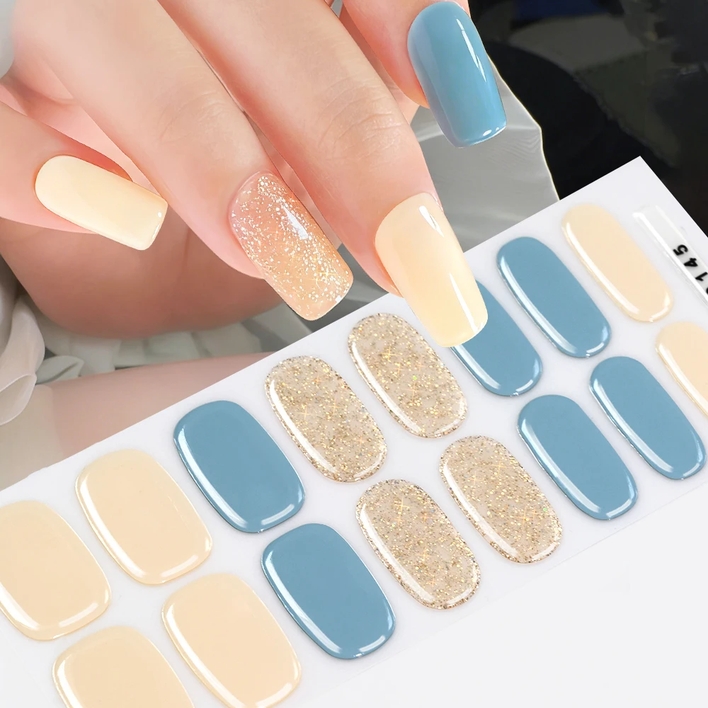 16Tips Solid Color & Glitter Semi Cured Gel Nail Strips Self-Adhesive Baking Free Elegant Gel Nail Sticker Full Coverage Decals