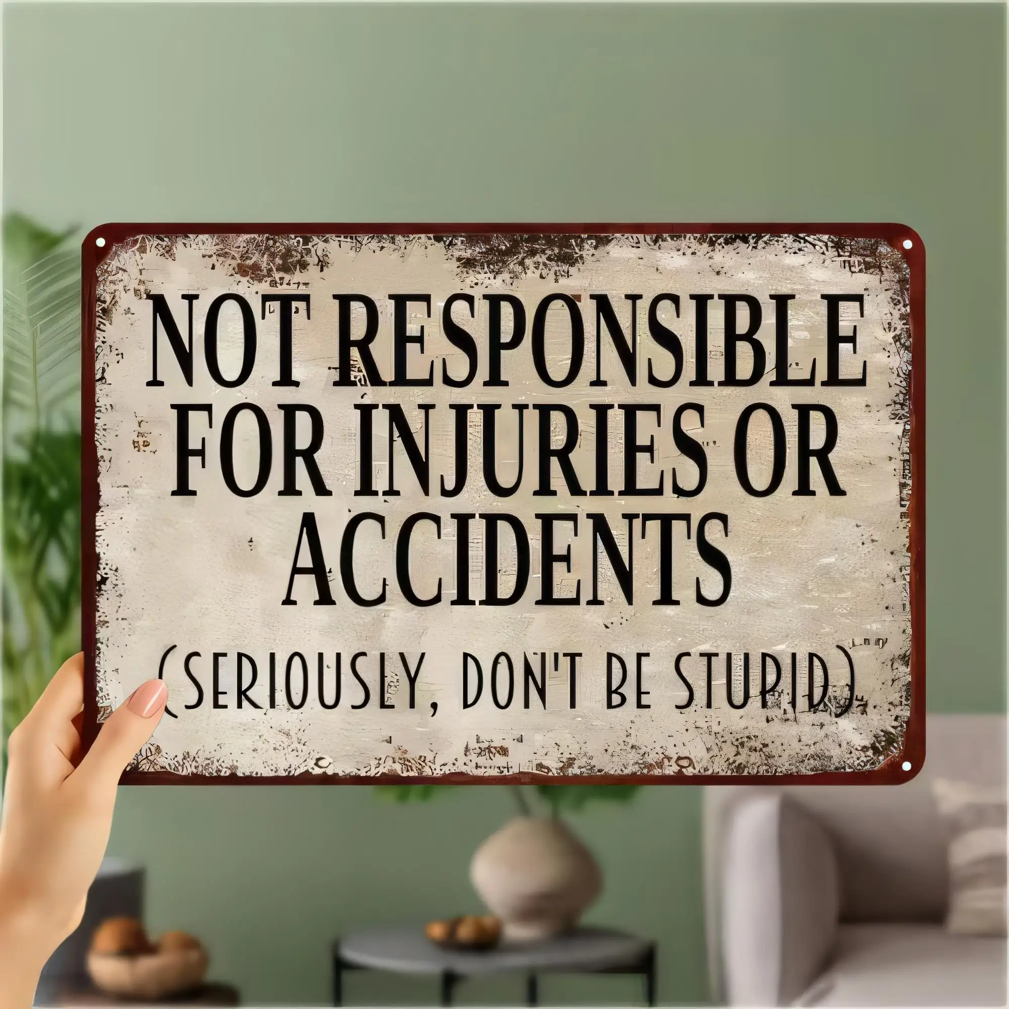 Tin Sign Vintage “Not Responsible For Injuries Or Accidents” Funny Safety Warning Plaque Metal Wall Art for Garage Bar Home Offi