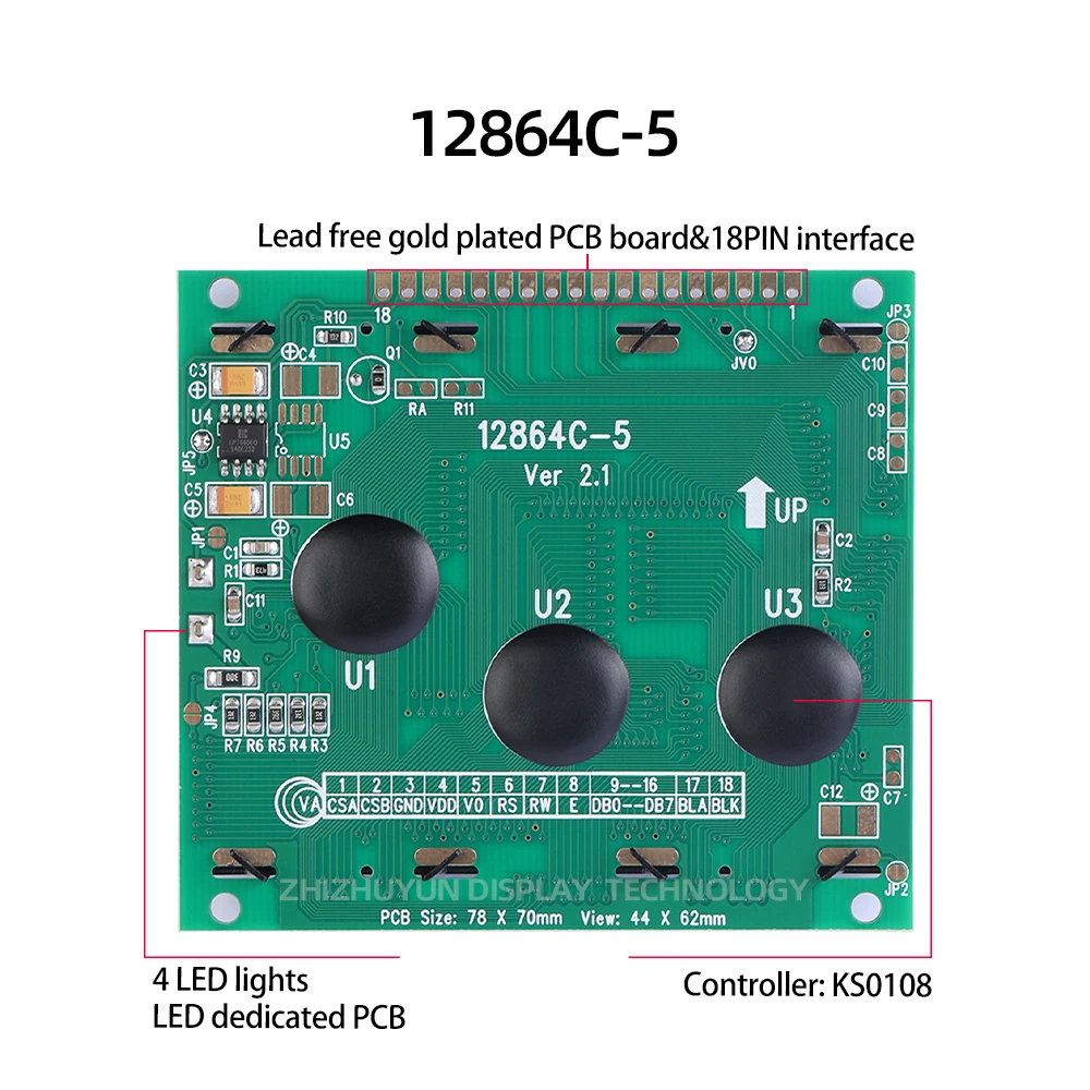 Imagem -02 - Módulo Gráfico do Lcd do Ponto 12864c5 128x64 Ks0107 Ks0108 Porto Paralelo 18pin 18p Cinza do Pos a Dimensão Stn Filme Cinzento Fonte Azul