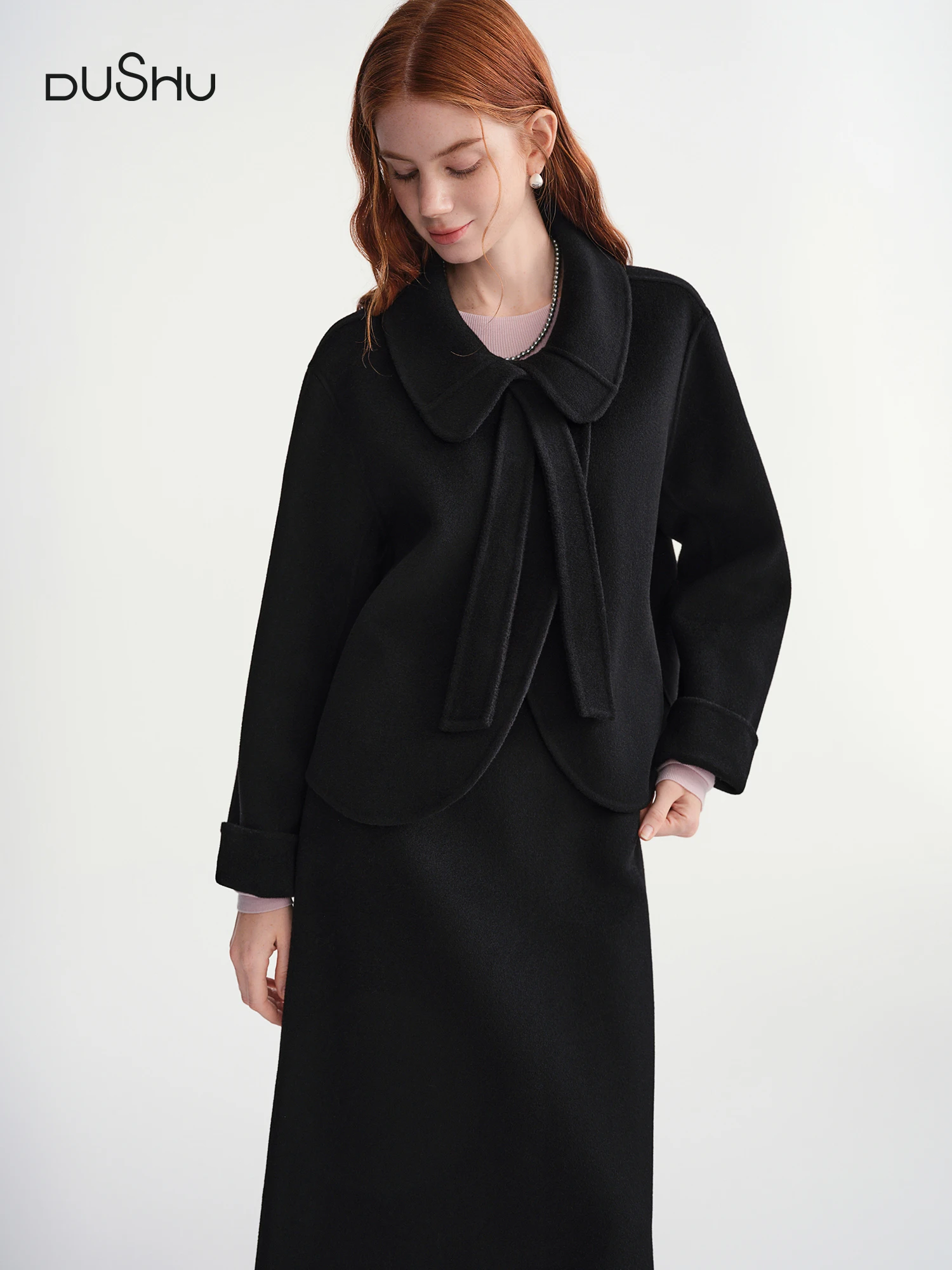 DUSHU Elegant Sets Women Winter Cropped Black Coats Skirt Suit Peter Pan Collar Woolen Jacket Age-reducing Temperament French