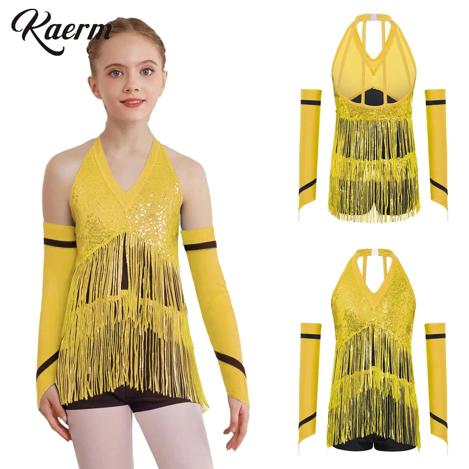 

Kids Girls Latin Jazz Dance Short Jumpsuit Stage Performance Costume Sleeveless Sequin Leotard and Gloves Set
