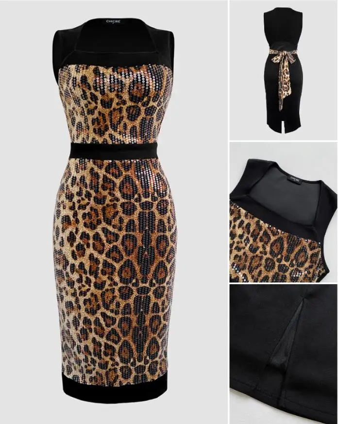 Vestidos femininos nova decoração de lantejoulas leopardo impressão laço volta vestido de noite cinched cintura recorte fenda volta fino ajuste vestido de festa