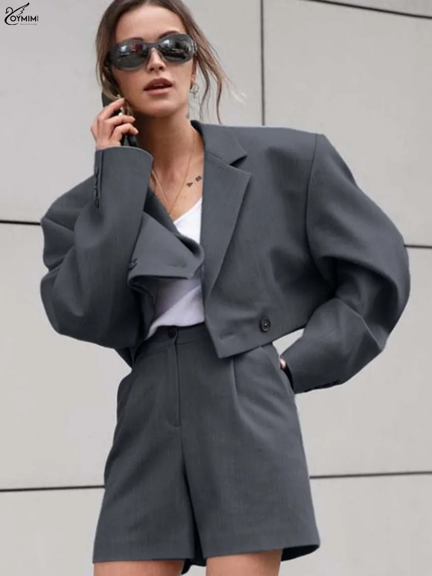 

Oymimi Elegant Grey Two Piece Outfits Woman Fashion Lapel Long Sleeve Double Breasted Shirts And High Waist Button Shorts Sets