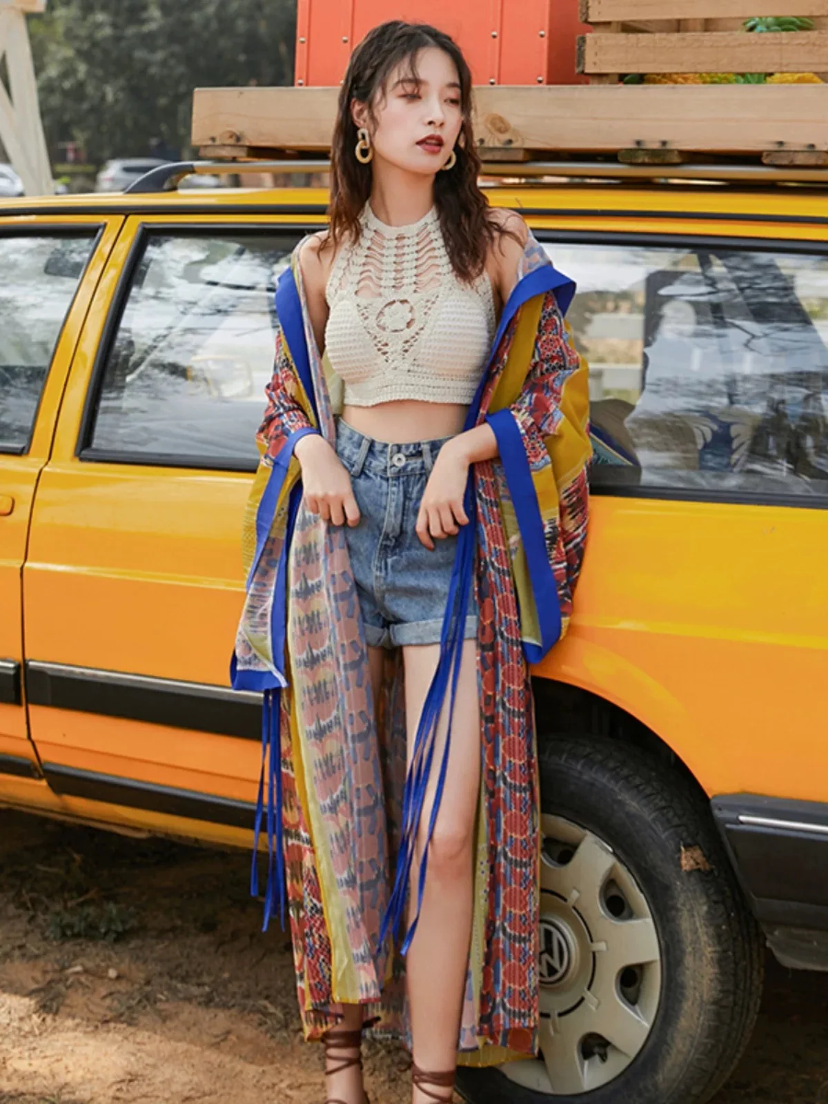 Señora étnica viaje gasa Kimono vacaciones de verano playa Cardigan Bikini cubrir abrigo ropa de playa estampado con capucha delgada Boho vestido largo