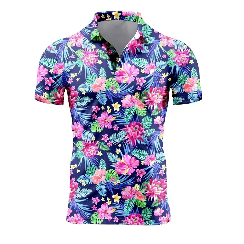 3D Printed Retro Polo Shirt For Men Flower Mushroom Pattern Short Sleeve Outdoor Summer Lapel Tops T-Shirt Button Oversized Tees