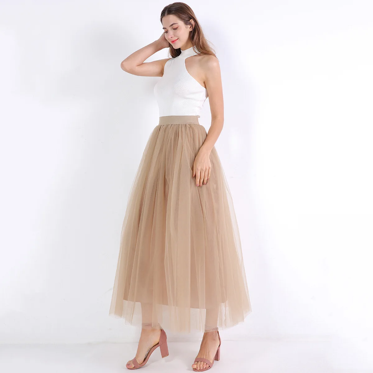 Petticoat popular feminino 100 cm saia de malha saia de tule bonito saia de tule longo elegante temperamento petticoat underskirt