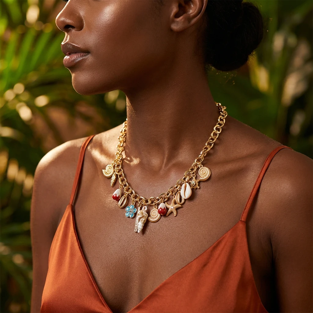 Böhmische Seestern-Muschel-Schildkröten-Anhänger-Halskette für Damen, Punk-Stil, dicke Kette, Blumen-Choker, Charm-Schmuck für den Sommerurlaub – Detail 1