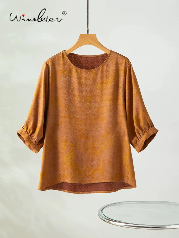 Winsleter-100%Real Silk Watered Gauze Elegant T-Shirt, Half Sleeve Jacquard, Women Retro Loose Top, 2026 Summer New T66036CC