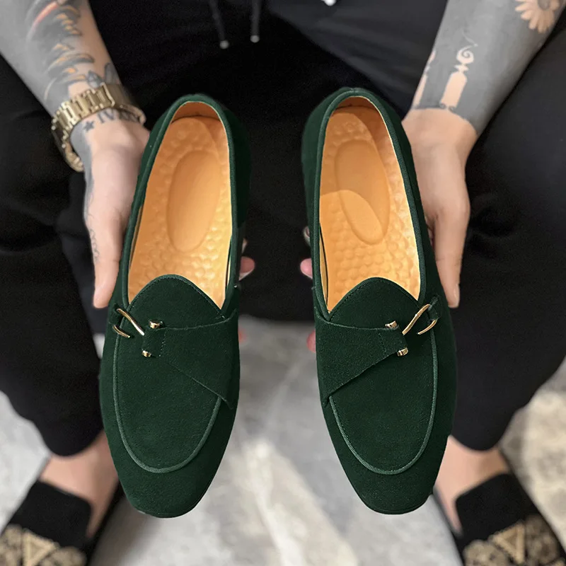 Zapatos informales de ante para hombre, mocasines de cuero genuino con hebilla, ligeros y cómodos, para fiesta y boda
