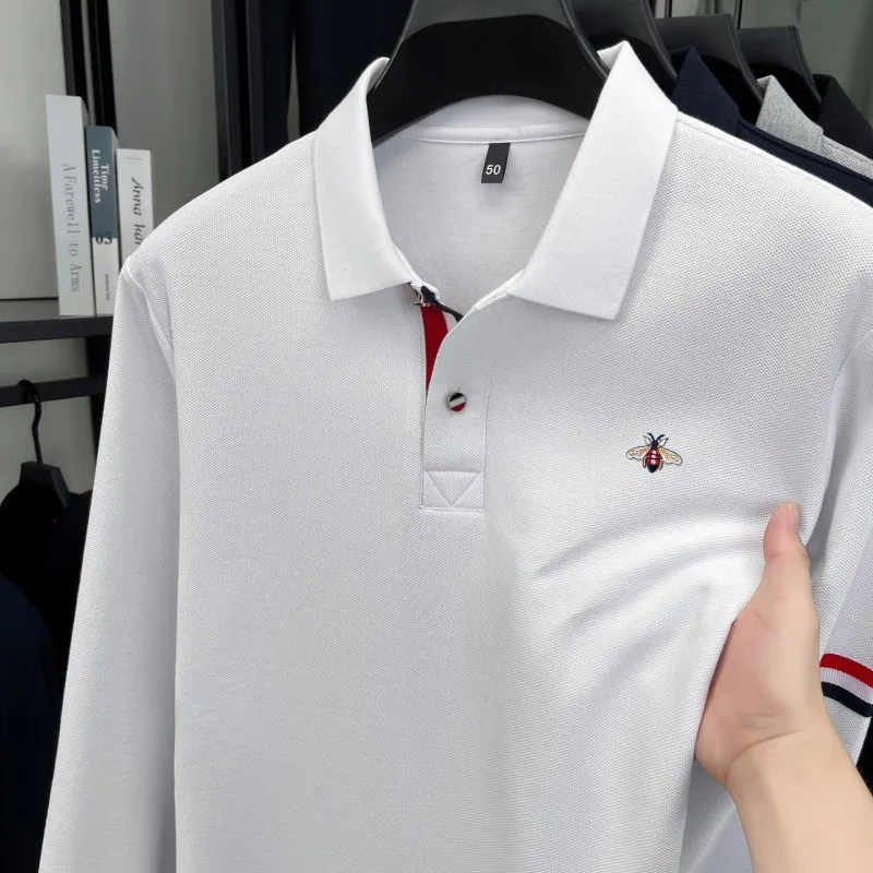 

100Cotton High-Quality Men's Polo Shirt Cross Colored Placket Stripes Bee Embroid Long Sleeves Autumn Lapel T-Shirt Menswear Top
