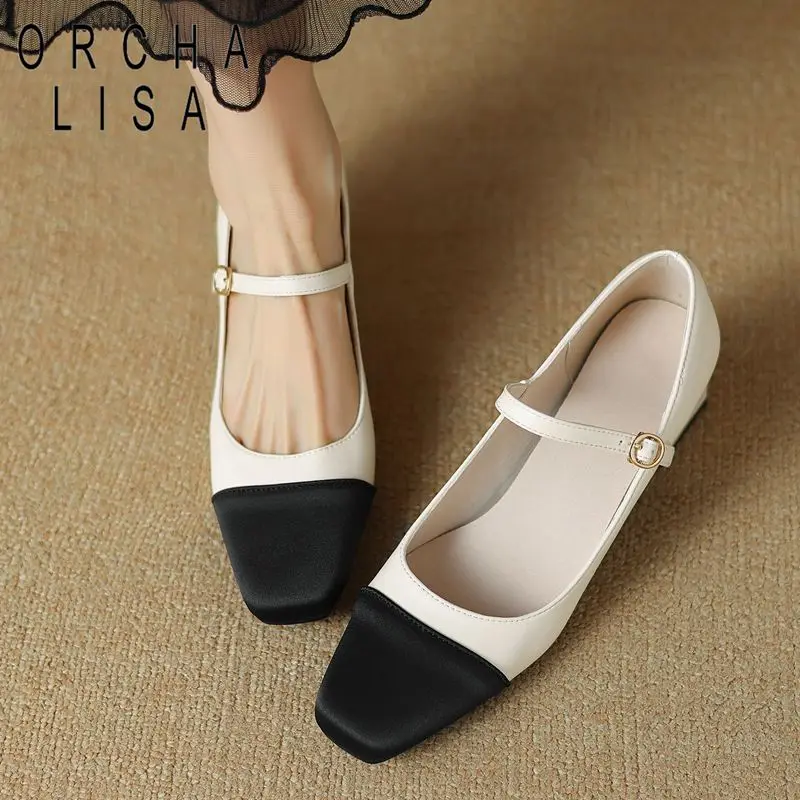 

ORCHA LISA Spring Women Pumps 33 Square Toe Chunky Heels 4.5cm Buckle Straps Mixed Color Big Size 43 Office Lady Elegant Shoes