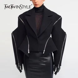 TWOTWINSTYLE Solid Spliced Zipper Jackets For Women Notched Collar Long Sleeve Patchwork Button Streetwear Coats Female Fashion