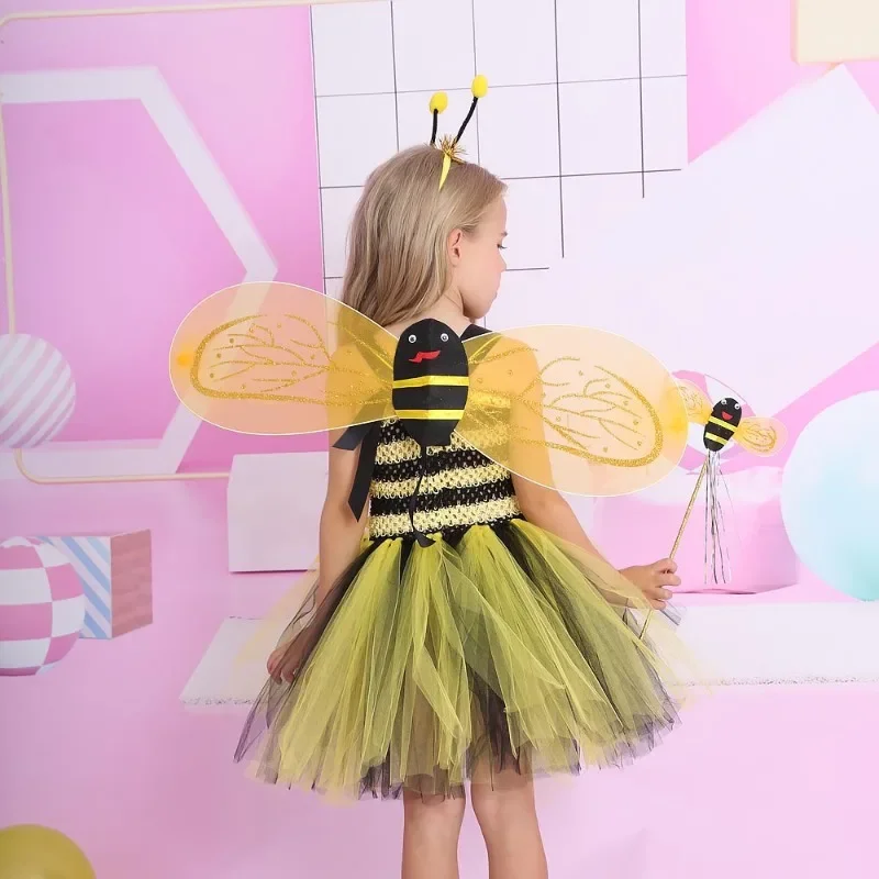 Bumble Bee Tutu Dress for Baby Girls Birthday Outfit Halloween Costume for Kids Honeybee Cosplay Dresses with Wing Headband Set