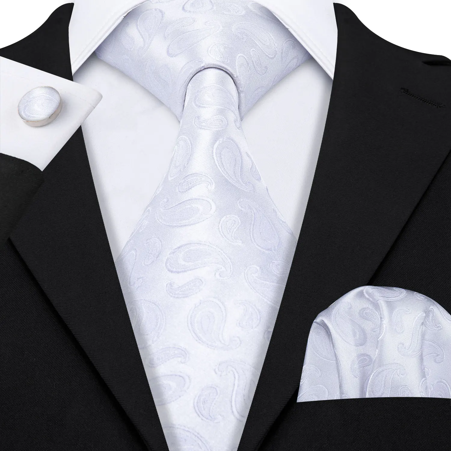 Fashion White Mens Wedding Tie Hanky Set Barry.Wang Designer Paisley Beige Floral Neckties For Male Gift Party Groom silk Office
