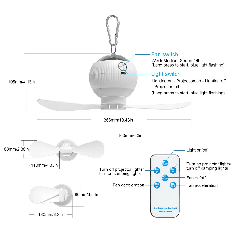 3 en 1 ventilador de camping portátil linterna al aire libre colgante tienda lámpara estrellas proyector luz recargable camping luz con proyección