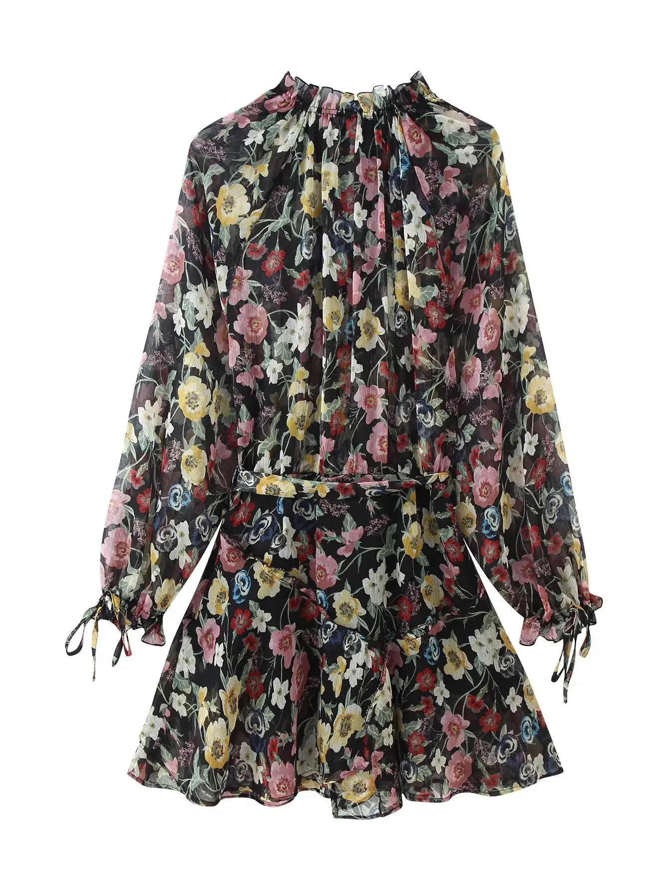 Women Colorful Floral Print Mini Dress Spring Autumn Long Sleeve Chiffon Dresses - Image 2