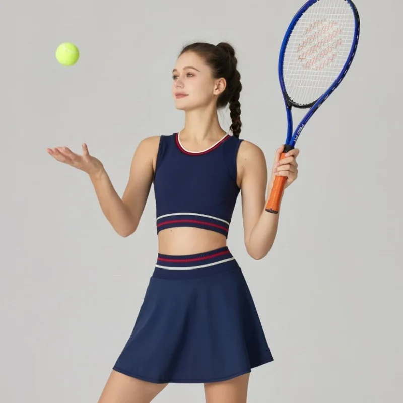 Stripy Tennis Pleated Skirt Set Women Summer Bra Vest Shorts Matching Gym Set Golf Wear Badminton Sportswear Casual Korean Suit