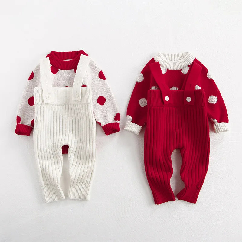 

ins Newborn Baby Girls Clothes Set 2025 New Princess Kids Polka Dot Pullover Sweater Overalls Two-piece Set for Children's Suit