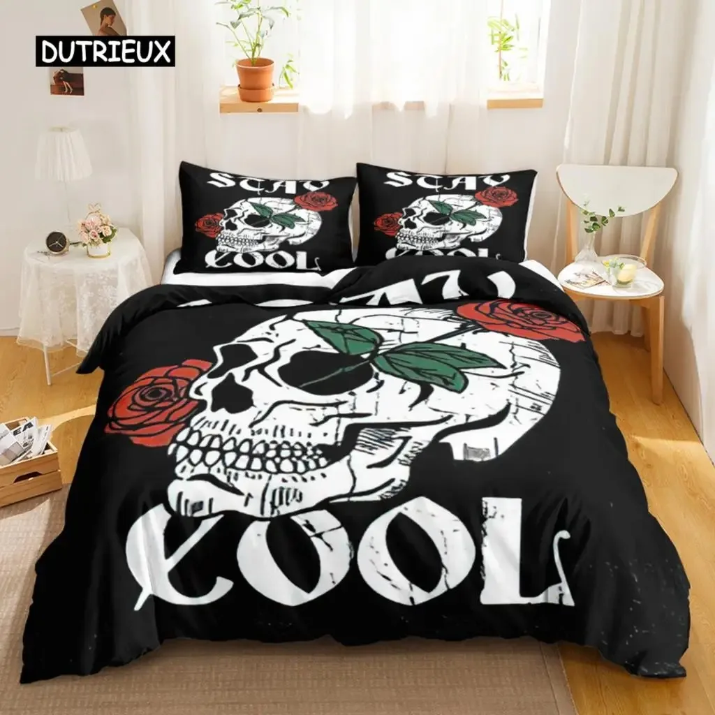 

Skull Duvet Cover Queen Size Gothic Skeleton Bedding Set Rose Flower Polyester Comforter Cover for Kids Teens Adults Halloween