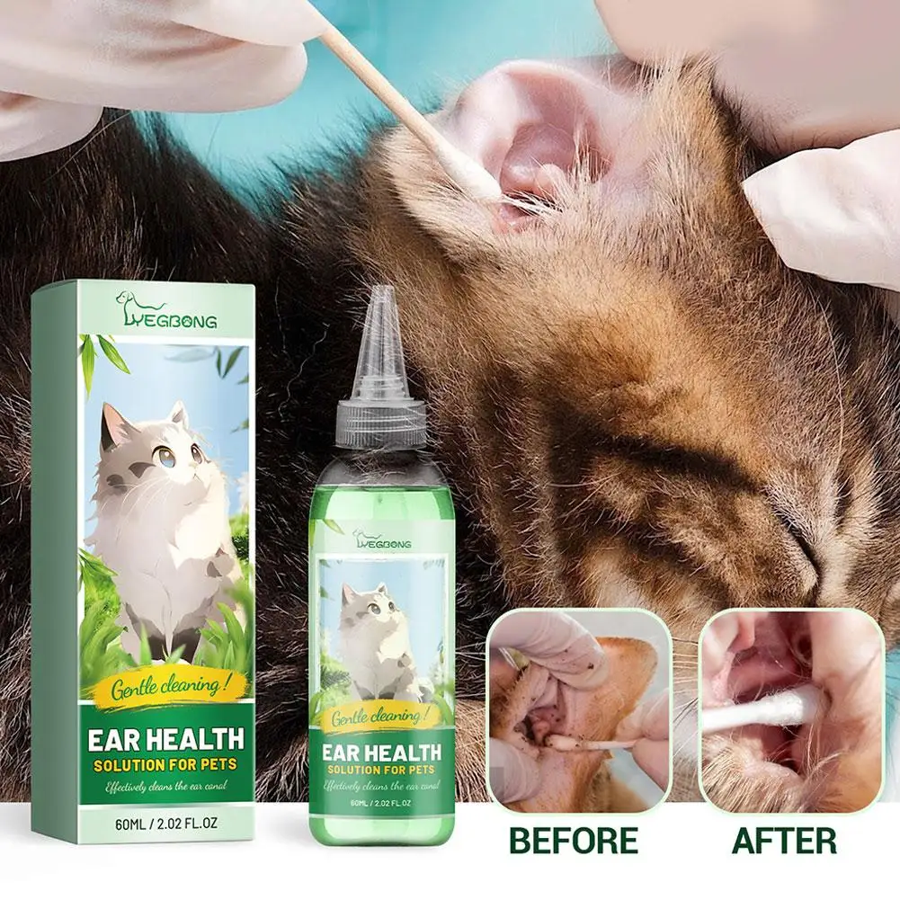 Pet Ear Wash para Cães e Gatos, Limpeza de Águas, Departamento de Ácaros, Limpeza de Orelhas, Produtos para Aliviar, D7M7, 60ml, Novo