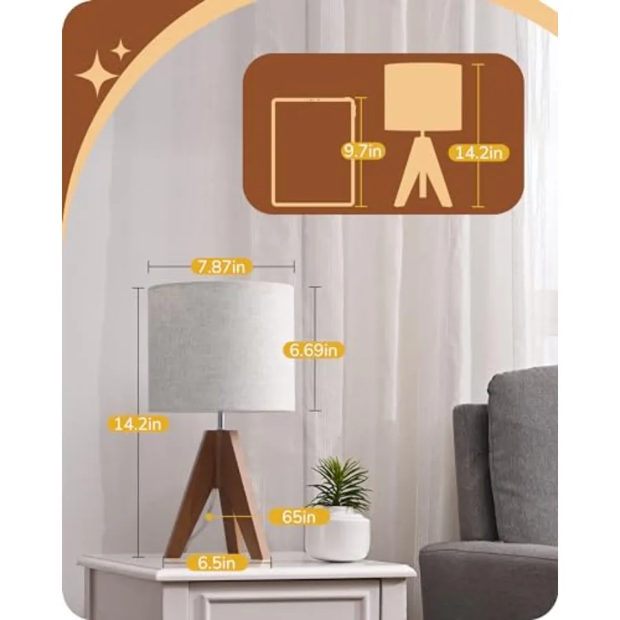 Lampada da tavolo piccola Lampada da comodino treppiede in legno con paralume in tessuto di lino Lampada da comodino da 14,2 pollici per camera da letto Soggiorno Ufficio 2