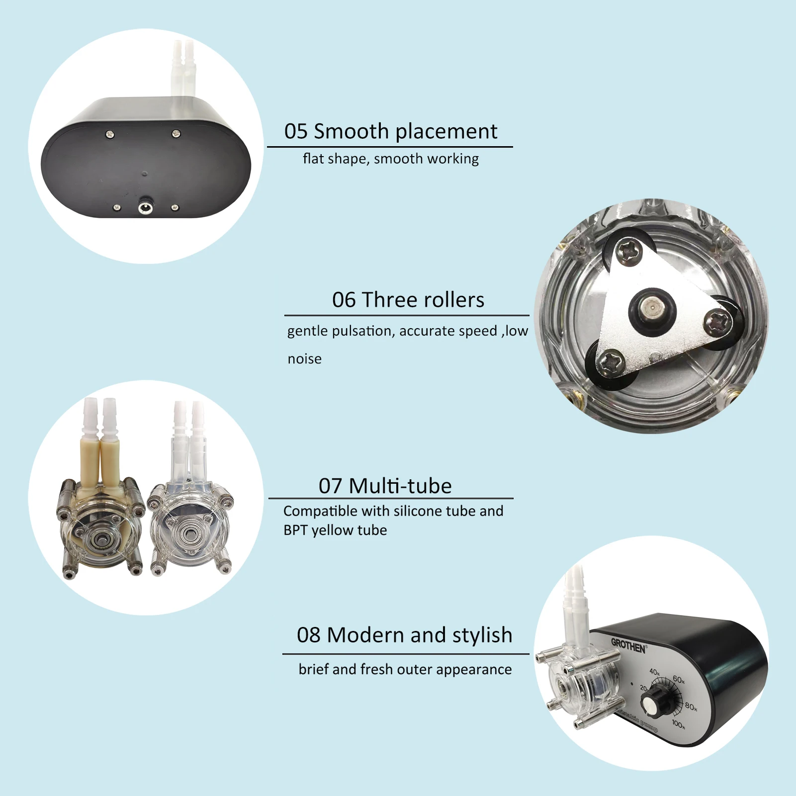 GROTHEN G328A Peristaltic Pump 100-240V 114-500ml/min Adjustable High Flow Rate Food Grade Platinum Vulcanized Silicone Tube