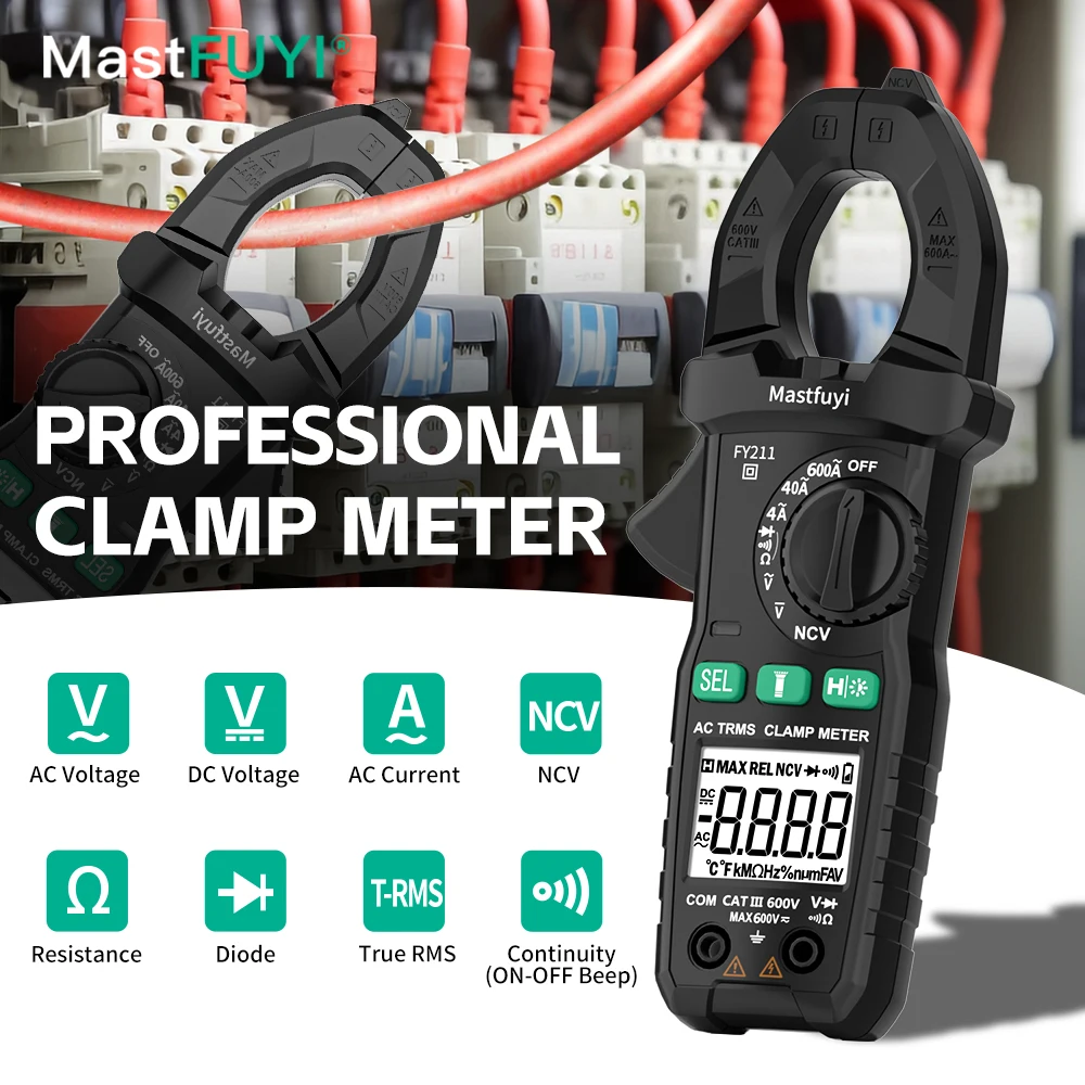 MASTFUYI Digitales Zangenmessgerät, AC & DC, Spannung & Strom, 600 V, 600 A, Diode, NCV-Erkennung, rutschfestes und sturzsicheres Multifunktionsmessgerät