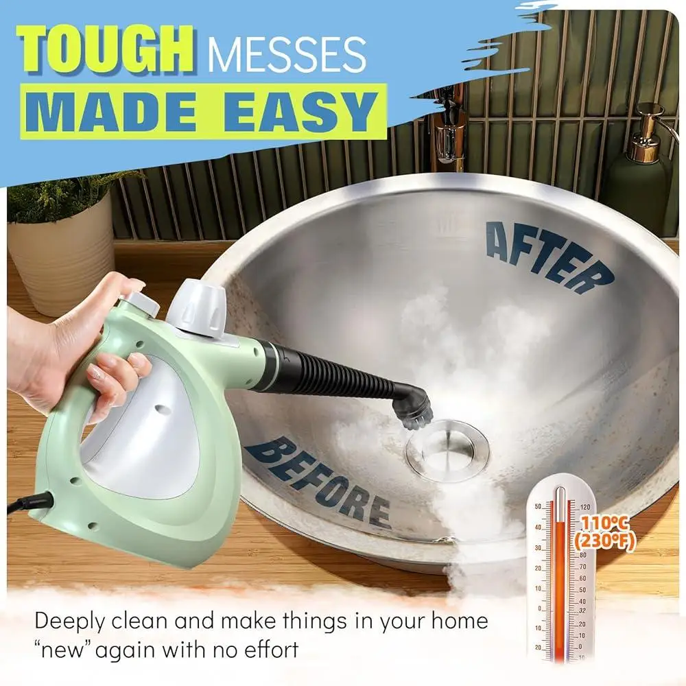 منظف بخار محمول قوي، 3 بار، تنظيف متعدد الأسطح خالي من المواد الكيميائية مع 11 ملحقًا، تسخين سريع وخفيف الوزن