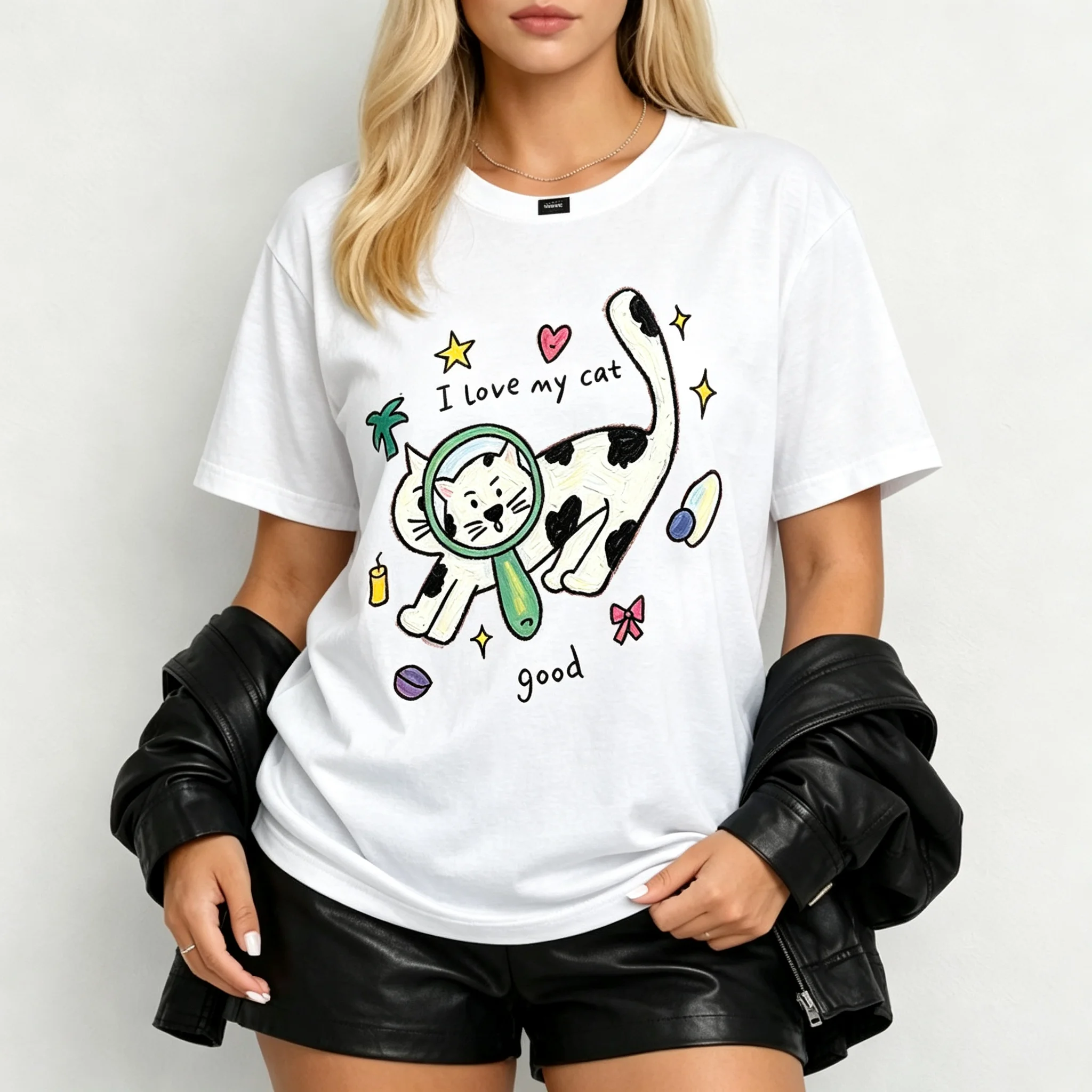 Cute Doodle Spotted Cat With Magnifying Glass Graphic T‑Shirt, “I Love My Cat” Letter Print Women Casual Short Sleeve Tee