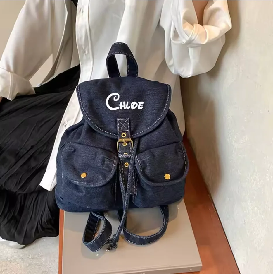 Korean Version Denim Backpack, Any Name Large Capacity Multi Pocket Portable Bucket Bag,Custom Student Commuting Travel Backpack