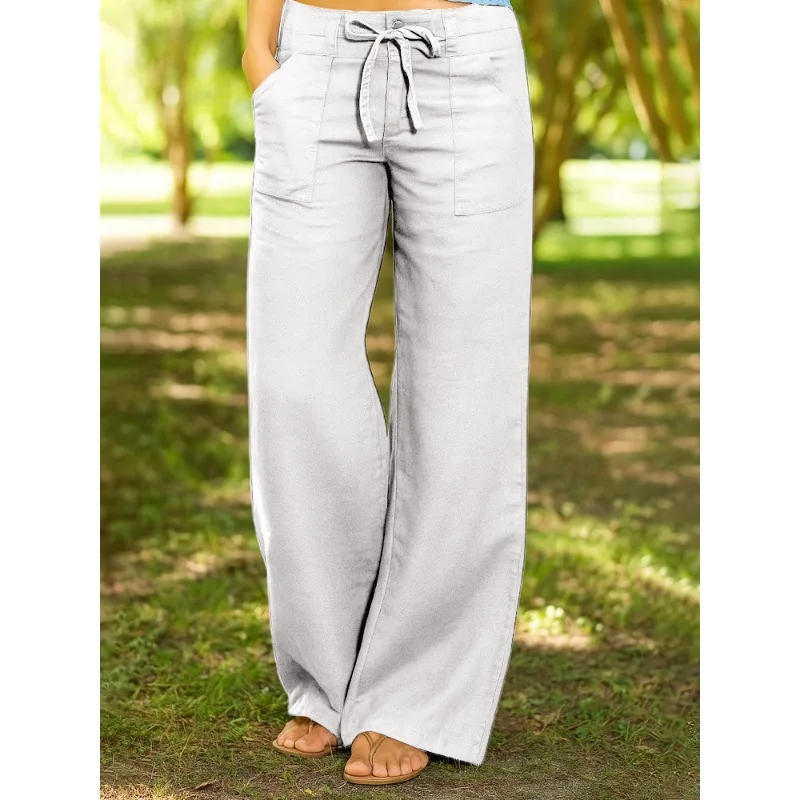 Pantaloni casual da donna in cotone e lino larghi tinta unita con tasca elastica in vita dritta con cinturino a vita alta tinta unita