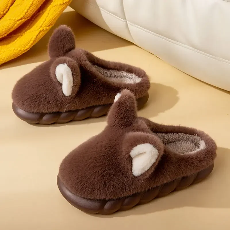 Cute Rabbit Ear Cotton Slippers Women Warm Faux Fur Indoor Shoes thick Sole Female Winter Platform Slides Home Fluffy Footwear