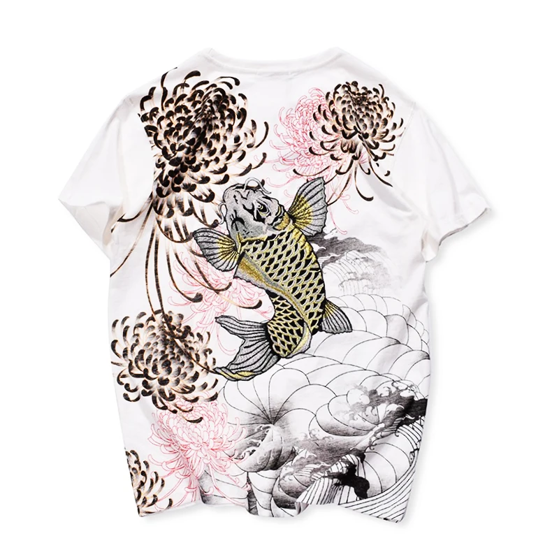 Lyprerazy Japanese Harajuku Ukiyoe Vintage T-shirt Mens Carp Fish Chrysanthemum Embroidery Chinese Style Tattoo T-shirts