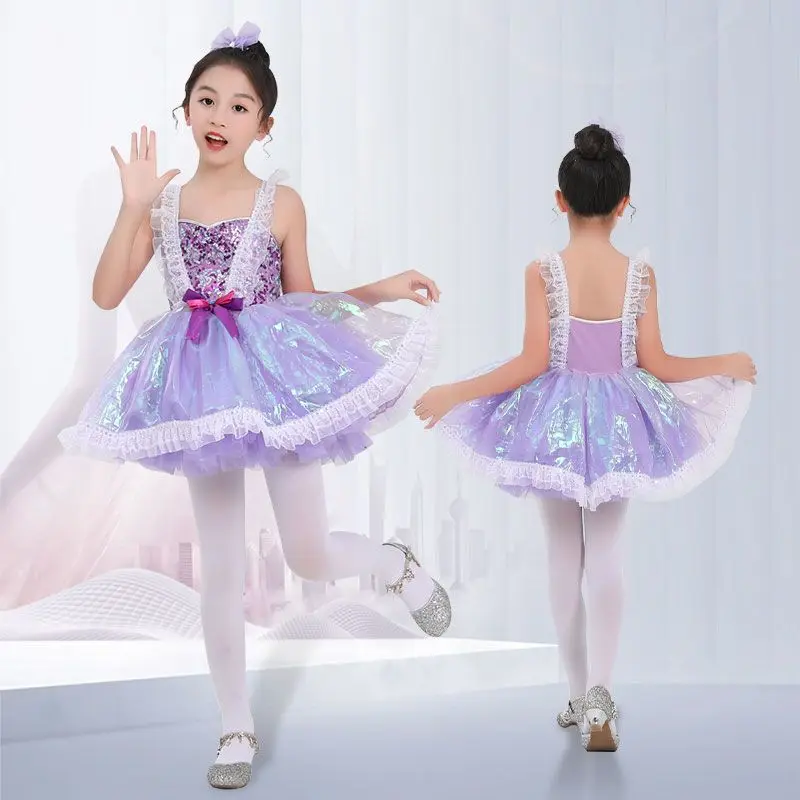 Purple Sequined Princess Tutu Skirt Fluffy Gauze Dress Stage Performance Costume Modern Dance Outfit Party Holiday Show Wear