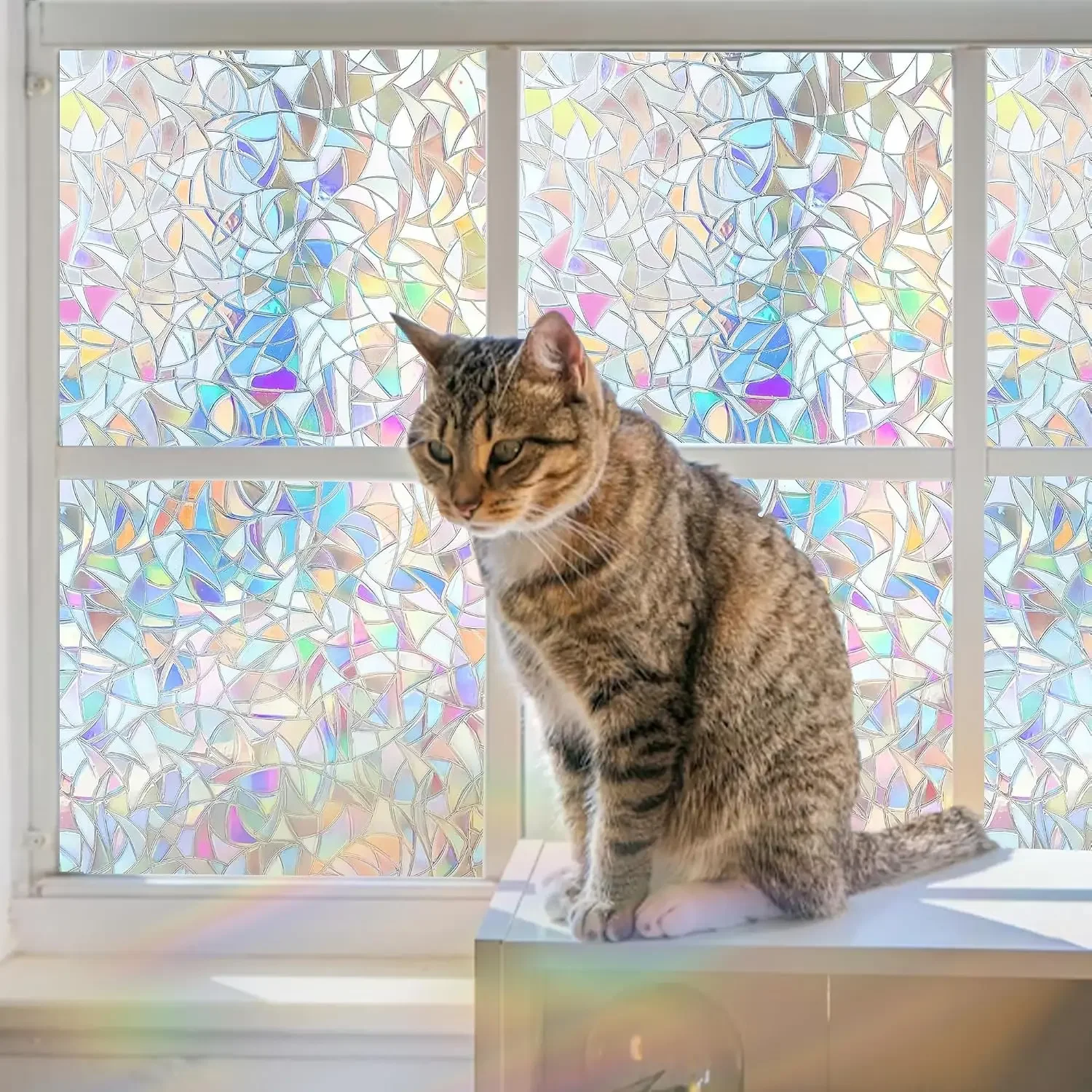Rainbow Window Privacy Film, Stained Glass Cling, Non-Adhesive Reusable Window Tint, Heat Control UV Blocking Coverings for Home