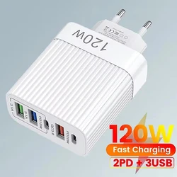 120W 5 Ports USB C Charger Fast Charging Phone Charger Power Adapter For iPhone Samsung Xiaomi Huawei Type C Quick Wall Charger