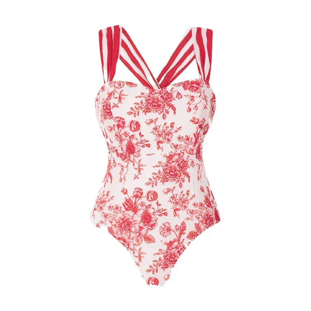 Traje de baño de una pieza con volantes para mujer, vestido largo de retazos a rayas florales dulces, estilo de vacaciones en la playa, traje de baño para vacaciones de verano