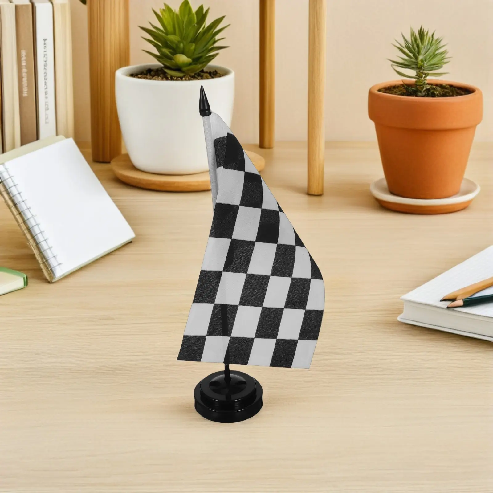4pcs Mini Checkered Flags Black & White, Lightweight Racing Style on Plastic Rods with Non-Slip Bases